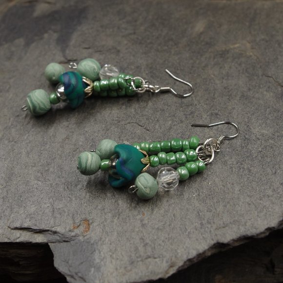 Dangling Cluster Ocean Beaded Earrings with Handmade Beads and Pearls - OOAK - Picture 9 of 10